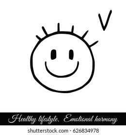 Stylized Smiling Face. Emotional Harmony As Part Of A Healthy Lifestyle/Linear Sketch Of Doodle Face, Smiley, Isolated On White Background. Logo, Sign On The Theme Of Healthy Lifestyle