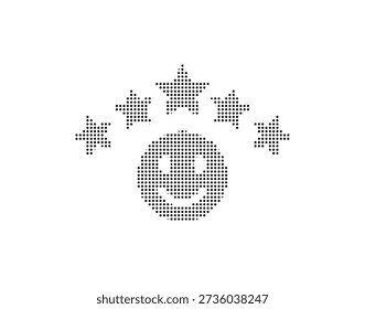 Cara sonriente estilizada rodeada de estrellas, creada usando pequeños puntos, transmitiendo felicidad y positividad, aislada sobre fondo blanco