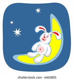 The stylized smiling rabbit sits on the moon on a background of the star sky.
