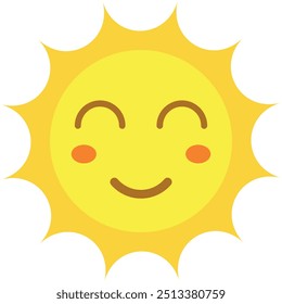 Stylized smiling sun with rays, cheerful and friendly design.