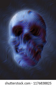 stylized smoke cloudy blue purple curl line vector art skull in front view isolated on dark blue background