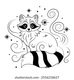 Stylized and smooth linear drawing of a raccoon, reflecting its playful and curious nature with minimalistic lines.