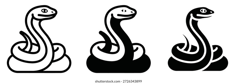 stylized snake illustrations in different black and white designs,a silhouette of a snake ,Coiled Cobra Silhouette. vector. Ideal for use as a tattoo, icon, web graphic design, and info graphic concepts."