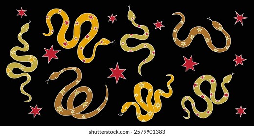 Stylized Snakes with Stars Displayed on a Deep Black Background for a Striking Visual