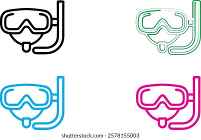 Stylized snorkel masks, vibrant colors, minimalist design, vector graphics, swim goggles, diving equipment, simple outlines, black and white, neon blue, hot pink, aquatic accessories, graphic illustra