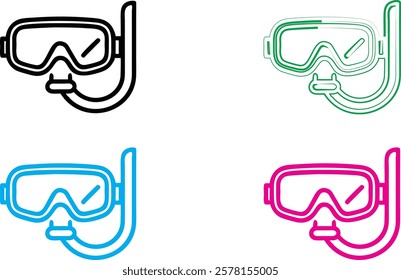 Stylized snorkel masks, vibrant colors, minimalist design, vector graphics, swim goggles, diving equipment, simple outlines, black and white, neon blue, hot pink, aquatic accessories, graphic illustra