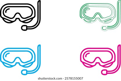 Stylized snorkel masks, vibrant colors, minimalist design, vector graphics, swim goggles, diving equipment, simple outlines, black and white, neon blue, hot pink, aquatic accessories, graphic illustra