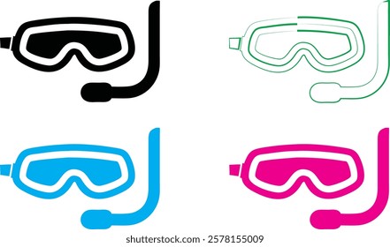 Stylized snorkel masks, vibrant colors, minimalist design, vector graphics, swim goggles, diving equipment, simple outlines, black and white, neon blue, hot pink, aquatic accessories, graphic illustra