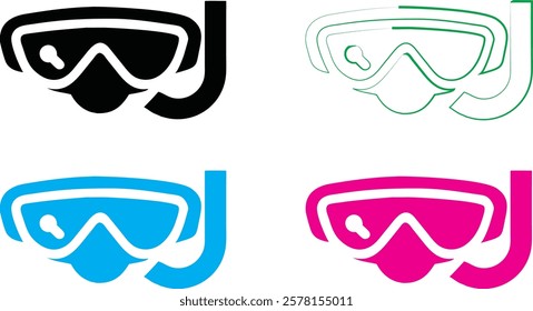 Stylized snorkel masks, vibrant colors, minimalist design, vector graphics, swim goggles, diving equipment, simple outlines, black and white, neon blue, hot pink, aquatic accessories, graphic illustra