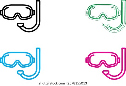 Stylized snorkel masks, vibrant colors, minimalist design, vector graphics, swim goggles, diving equipment, simple outlines, black and white, neon blue, hot pink, aquatic accessories, graphic illustra