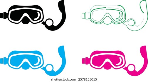 Stylized snorkel masks, vibrant colors, minimalist design, vector graphics, swim goggles, diving equipment, simple outlines, black and white, neon blue, hot pink, aquatic accessories, graphic illustra