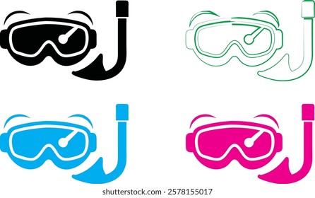 Stylized snorkel masks, vibrant colors, minimalist design, vector graphics, swim goggles, diving equipment, simple outlines, black and white, neon blue, hot pink, aquatic accessories, graphic illustra