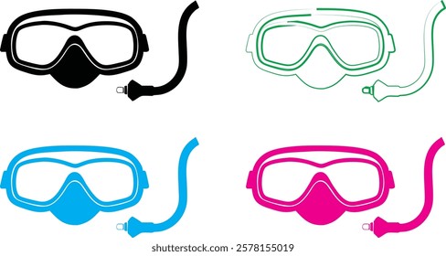 Stylized snorkel masks, vibrant colors, minimalist design, vector graphics, swim goggles, diving equipment, simple outlines, black and white, neon blue, hot pink, aquatic accessories, graphic illustra