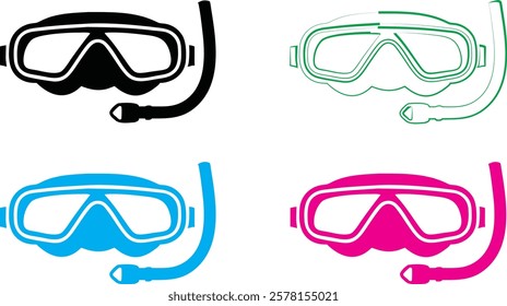 Stylized snorkel masks, vibrant colors, minimalist design, vector graphics, swim goggles, diving equipment, simple outlines, black and white, neon blue, hot pink, aquatic accessories, graphic illustra