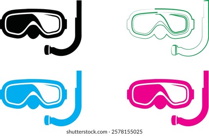 Stylized snorkel masks, vibrant colors, minimalist design, vector graphics, swim goggles, diving equipment, simple outlines, black and white, neon blue, hot pink, aquatic accessories, graphic illustra