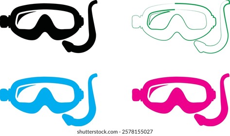 Stylized snorkel masks, vibrant colors, minimalist design, vector graphics, swim goggles, diving equipment, simple outlines, black and white, neon blue, hot pink, aquatic accessories, graphic illustra