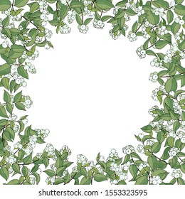 Stylized snow berry branches-frame with white berries and green leaves on a white background.