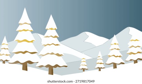 Stilvolle schneebedeckte Pinien und Berge in der Winterlandschaft immergrün