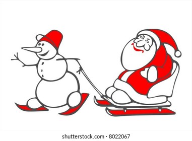 Stylized snowball and Santa Claus on a white background. Digital illustration.