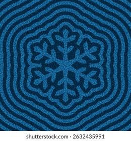 Stylized snowflake centered in concentric ripple waves on deep blue background. Vector illustration with winter vibes.