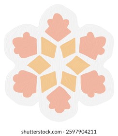A stylized snowflake design features pastel pink and yellow shapes on a light gray background.