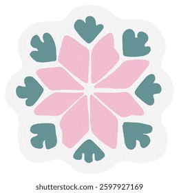 A stylized snowflake design features pastel pink and green shapes on a light gray background.