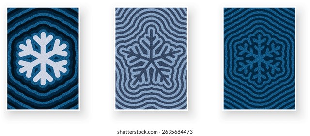 Stylized snowflake designs in shades of blue with ripple textures. Vector illustration ideal for winter themes.