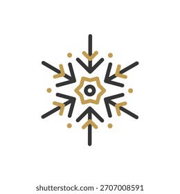 Stylized snowflake icon with geometric design. Snowflake features gold and black lines. Snowflake pattern is symmetrical and decorative. Perfect for winter themes. Christmas illustration vector.