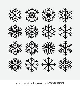 Stylized snowflake icons illustration set with Christmas motifs winter elements and geometric designs in a modern and unique icons festive style