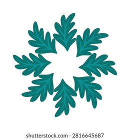 Stylized snowflake illustration rendered in a flat vector style with organic, leafy branches. The design features a deep teal color palette with lighter blue internal lines defining the intricate structure. The composition is centered on a clean white background, creating a crisp, isolated graphic element. Ideal for winter holiday branding, seasonal packaging, greeting cards, and festive editorial layouts.