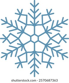 Stylized snowflake with intricate branches and hexagonal center creating a festive and wintery atmosphere, perfect for Christmas or cold weather designs