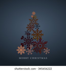 Stylized snowflakes Christmas tree silhouette. Happy new year 2016 greetings card. Vector background.