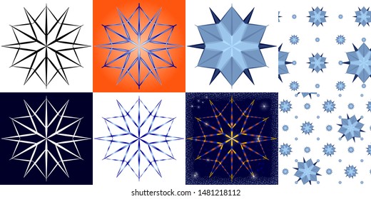 Stylized snowflakes in different colors and backgrounds - logos, icons on the theme of winter. frost, cold, space. Seamless vector pattern with snowflakes for printing on fabric, wrapping paper.