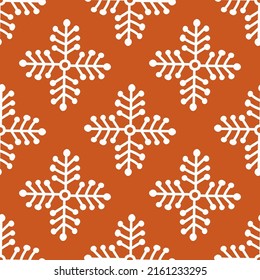 Stylized snowflakes from plant elements isolated on brown backdrop. Vector seamless pattern with twigs in the shape of a cross. Modern folk pattern for textile, wrapping paper, wallpaper.