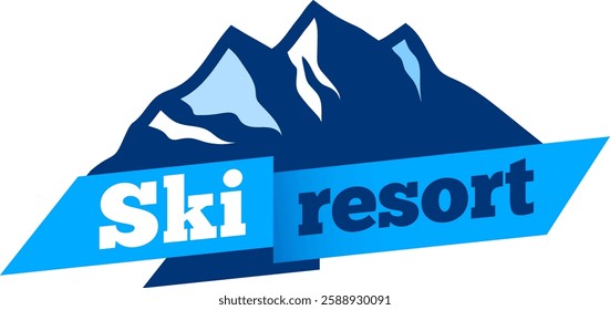 Stylized snowy mountain peaks logo representing a ski resort with a light blue ribbon and dark blue text, ideal for winter sports and tourism businesses