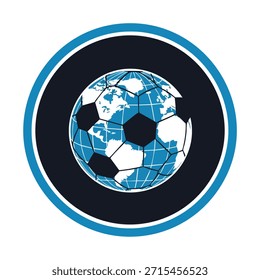 Balón de fútbol estilizado con diseño de mapa global dentro de un marco circular azul