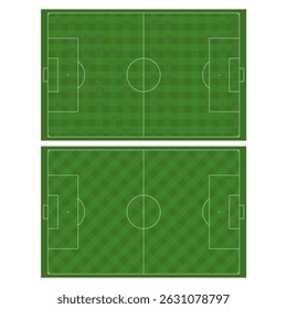 Stylized soccer fields with checkerboard and diagonal grass mowing patterns. Great for strategy diagrams, sport design templates, and game interfaces.