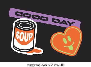 Stylized soup can, smiling heart, and GOOD DAY text in vibrant pop art style on black background. Concept of positivity and retro culture. Vector illustration