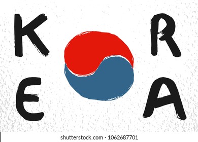 Stylized South Korea flag hand drawn vector illustration. Korean colorful brush strokes painted national country flag with calligraphy letters on grunge background.