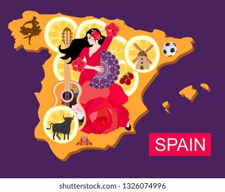 Stylized spain map with flamenco dancer girl, guitar, black bull, mill, football, pieces of lemon and toreador silhouette.