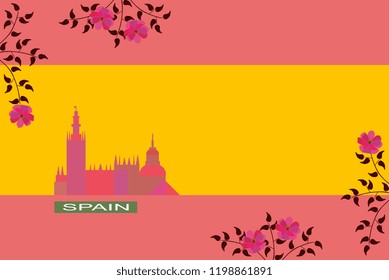 Stylized spanish flag with silhouette of building and blooming branches. Vector illustration.