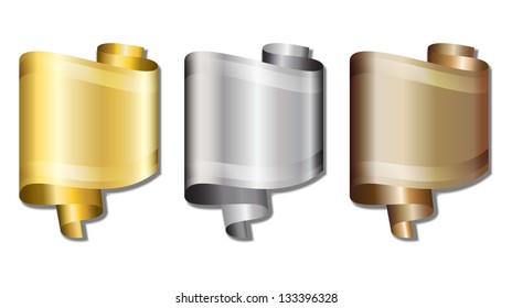 Stylized speech bubbles in the form of scrolls of gold, silver and bronze ribbons, with space for your text. EPS10 vector format.
