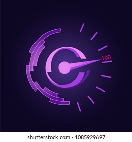 Stylized speedometer logotype icon design glowing in ultra violet