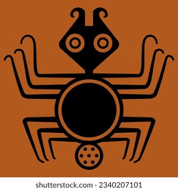 Stylized spider. Black and orange silhouette. Halloween symbol. Ethnic animal design of Mochica Indians of ancient Peru. Moche art.