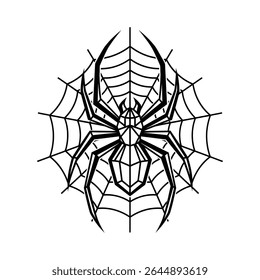 Stylized spider with geometric design, web in the background.