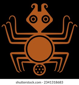 Stylized spider. Halloween symbol. Orange silhouette on black background. Ethnic animal design of Mochica Indians of ancient Peru. Moche art.