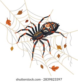 A stylized spider rests on a web surrounded by floating autumn leaves.