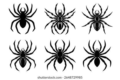 silhuetas de aranha estilizadas; preto e branco; gráficos vetoriais; aracnídeo; inseto; assustador; Halloween; design de tatuagem; gótico; escuro; sinistro
