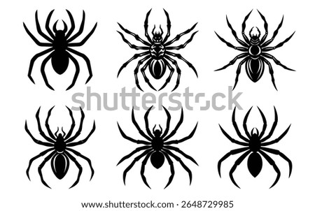 stylized spider silhouettes; black and white; vector graphics; arachnid; insect; creepy; Halloween; tattoo design; gothic; dark; ominous