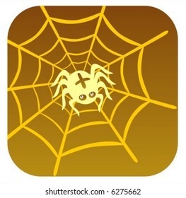 The stylized spider spins a cobweb on a brown background. Halloween illustration.